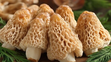Morel mushrooms forest harvest close-up wooden board