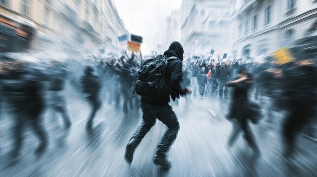 Assassination attempt in a chaotic protest scene. Featuring an undercover operative moving toward a target