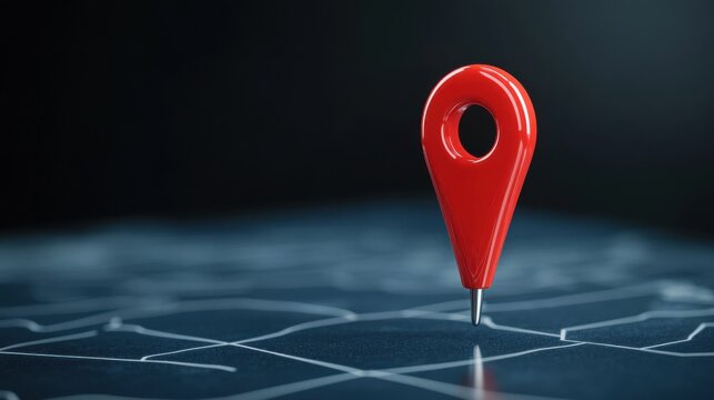 Red Map Pin Standing on a Dark Map Surface Indicating a Specific Location in a Digital Environment