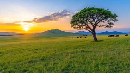 Obraz premium Serene Sunset Over Rolling Hills with Lone Tree and Cattle Grazing