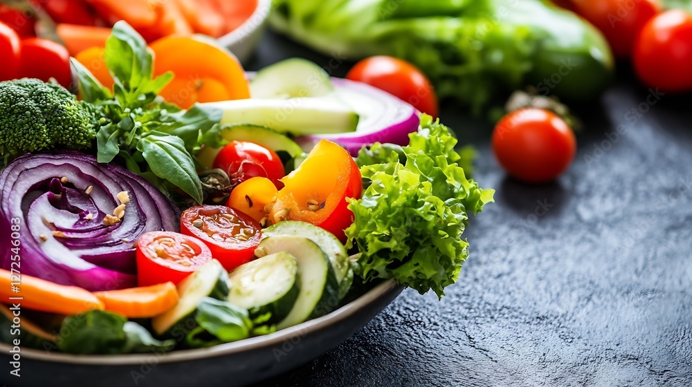 Poster fresh and colorful vegetable salad display with variety of ingredients : generative ai