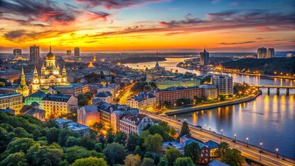 Fototapeta premium Panoramic View of Kiev Cityscape, Stunning Ukrainian Capital Skyline at Sunset
