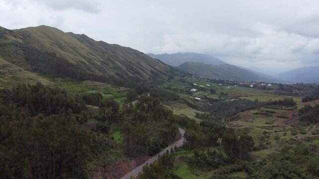 Aerial view of Ruins of the Inca fortress of Puka Pukara outside of Cusco, Peru