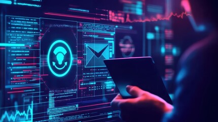 cyber security phishing framework, Person Interacts With Vibrant Digital Data On Tablet Screen