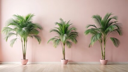 Obraz premium Three potted tropical plants arranged against a pale pink wall in a minimalist interior design