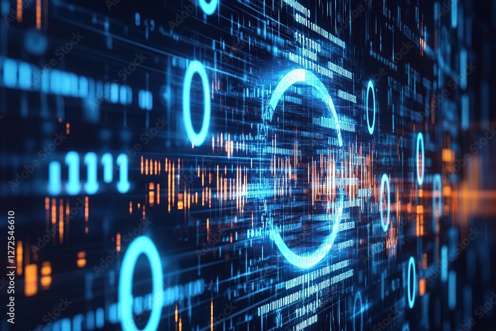 Poster digital data streams flowing dynamically across a futuristic interface with glowing circles, represe