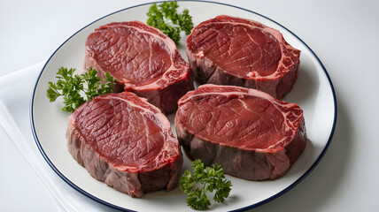 close-up shot of four raw beef steaks that have been placed on a white plate.