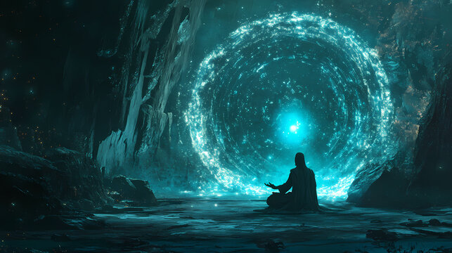 Surrealism art of an oracle performing an invocation in an underwater realm. Astral Bioluminescent Portal. Illustration