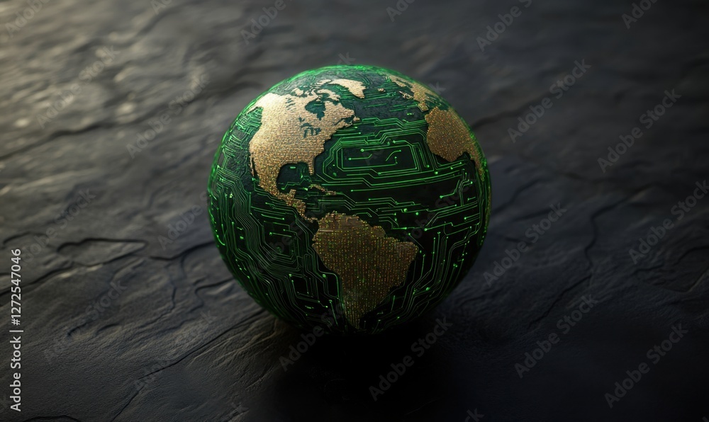 Poster a digitally rendered globe showcasing circuit patterns representing technology and connectivity, set