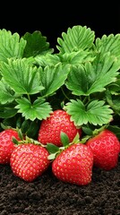 Fresh strawberries growing in rich soil with vibrant green leaves in the background