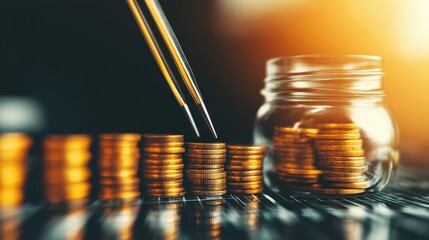 A close-up of coins being deposited into a jar, symbolizing savings and financial management with a warm, golden light backdrop.