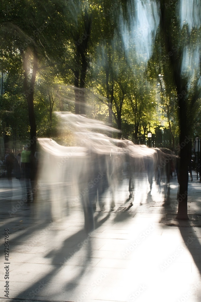 Poster dynamic city movement in twilight captured in a series of blurred silhouettes of people walking : ge