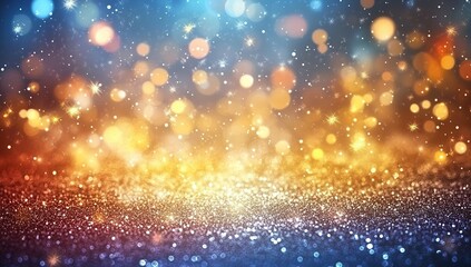 Obraz premium Shimmering Lights: Festive Glitter Background, Sparkling Bokeh, Golden and Blue Hues, Magical Atmosphere, Perfect for Celebration,