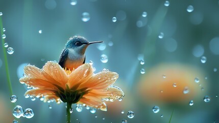 Hummingbird on Flower with Dew in Early Morning Light