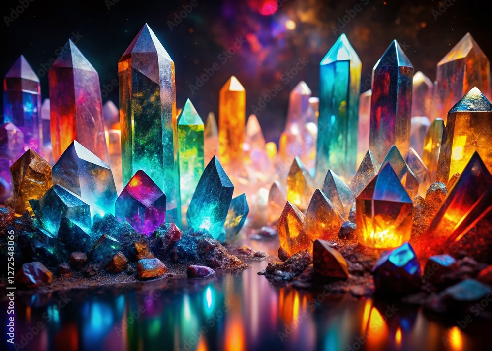 Poster panoramic view of vibrant colorful crystals with mesmerizing light patterns