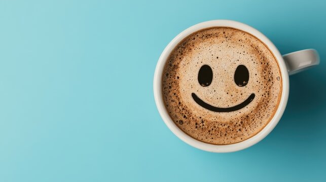 A cheerful coffee cup with a smiley face design on frothy coffee against a light blue background.
