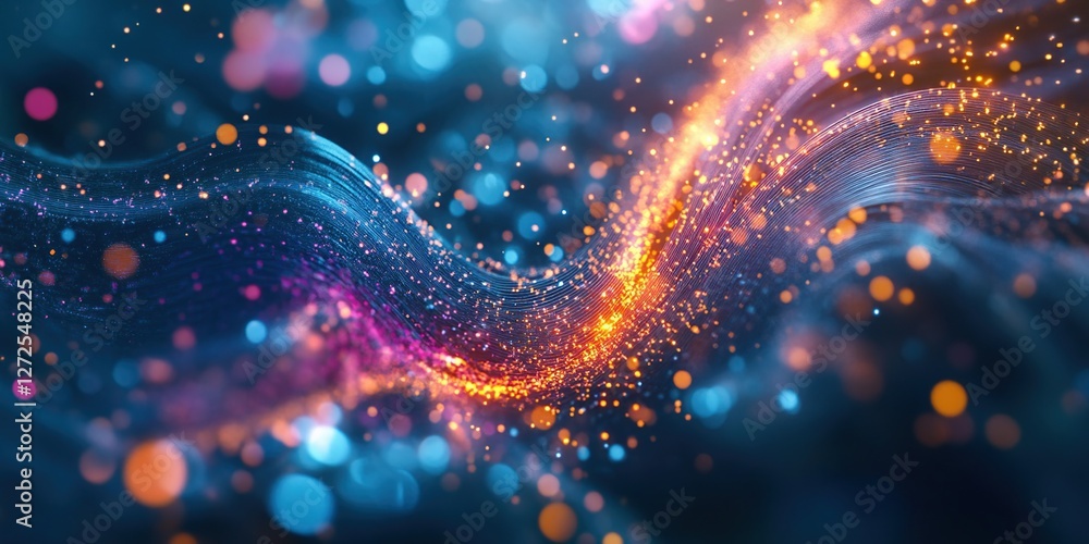 Poster abstract particle waves flowing dynamically with vibrant colors and glowing lights, creating an ener