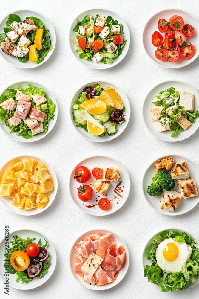 Aufkleber a visually appealing array of plates filled with assorted salads featuring fresh greens, tomatoes, a