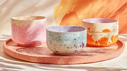 Handmade Pottery Bowls on Colorful Tray with Artistic Design