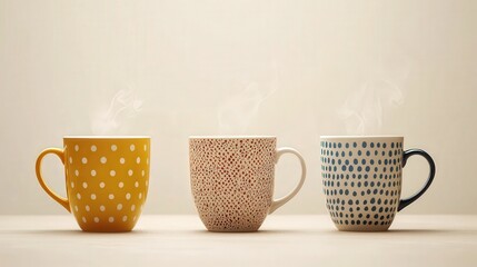 Steaming Hot Beverages in Colorful Mugs on Neutral Background