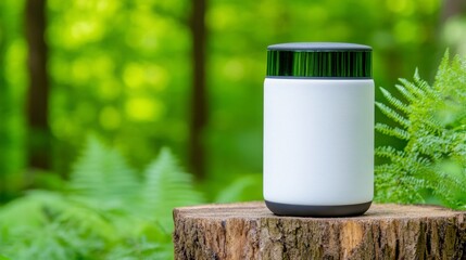 Modern Eco-Friendly Container on Tree Stump Surrounded by Nature
