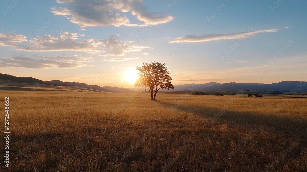 Poster Serene Sunset Over Open Field with Lone Tree Silhouetted Against the Sky : Generative AI