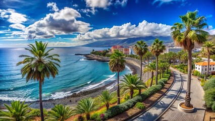 Fototapeta premium Panoramic View: Palm Trees Stroll Towards the Sea in Puerto de la Cruz, Tenerife