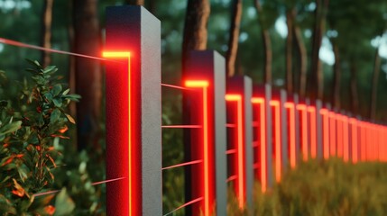 Modern Electric Fence Illuminating in a Forested Environment