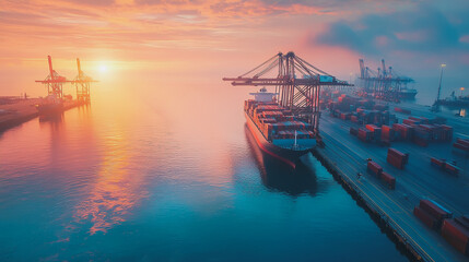 Obraz premium Container truck in ship port for business Logistics and transportation of Container Cargo ship and Cargo plane with working crane bridge in shipyard at sunrise, logistic import export and transport