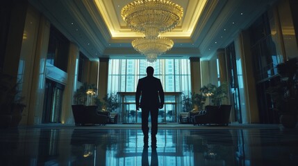 Assassination attempt in a luxury hotel lobby. Featuring a figure disguised as a guest