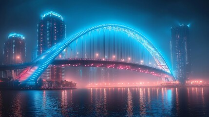 Futuristic bridge at night, city skyline, fog, reflection, urban scene, architectural design, website header