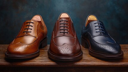 Handcrafted Leather Shoes Displayed on Wooden Surface with Elegant Background