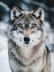 Obraz premium Majestic Wolf Staring Intently in a Snowy Landscape with Clear Blue Eyes : Generative AI