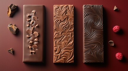 Gourmet Chocolate Bars Displayed on a Dark Red Background