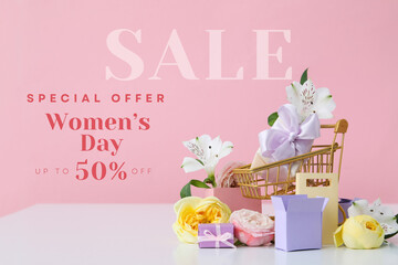 Hello spring, shopping cart, gift boxes and flowers on a pink background, with text