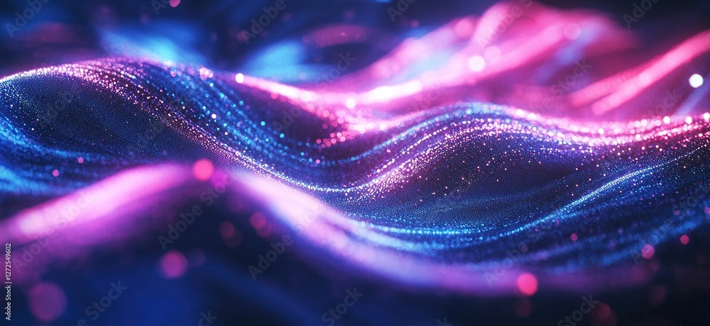 Poster neon particle waves flowing dynamically across screen, abstract digital art background, futuristic g