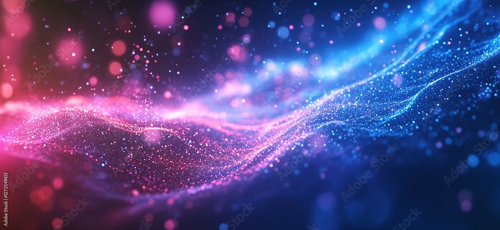 Aufkleber abstract particle waves flowing dynamically in vivid pink and blue hues, shimmering with luminous gl