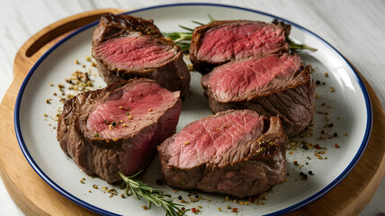 close-up shot of four cooked beef steaks that have been sliced and are ready to serve. 