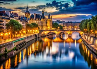 Fototapeta premium Parisian Night: Low Light Cityscape, Seine River, Romantic Ambiance