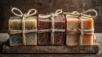 Artisanal Soaps Tied with Twine on Wooden Surface in Natural Light