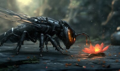 A futuristic robotic bee interacting with a glowing flower in a lush, mystical forest setting