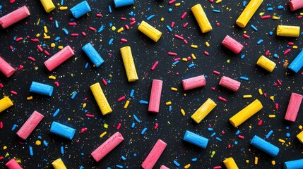 Brightly Colored Chalk Pieces Scattered on Blackboard Surface