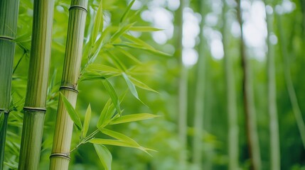 Obraz premium Lush Green Bamboo Forest with Tall Stalks and Vibrant Leaves