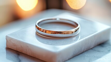Elegant Silver Ring Resting on Marble Slab, Softly Lit Close-Up Shot