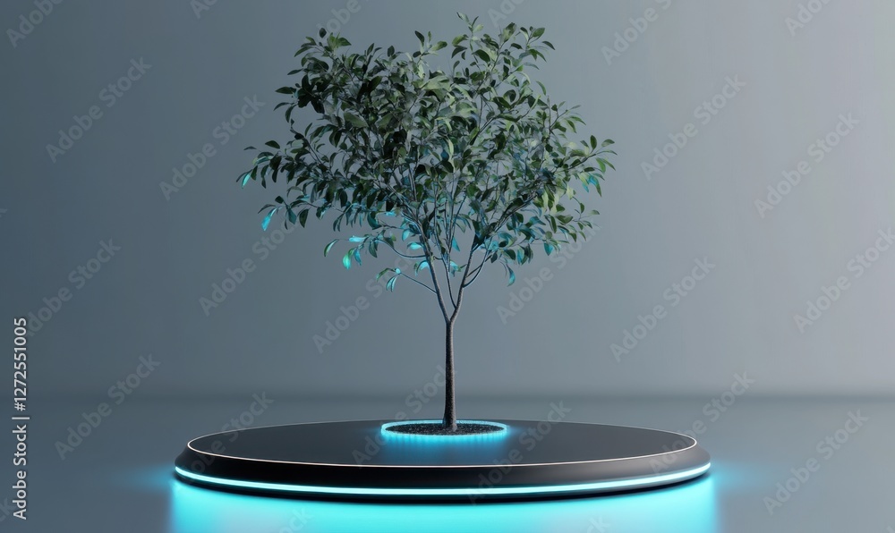 Poster a futuristic tree displayed on a glowing platform in a minimalist environment