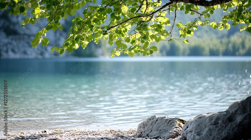 Aufkleber Serene lake view with vibrant green leaves reflecting on calm water surface : Generative AI