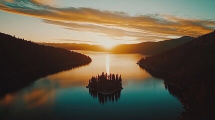Fototapeta premium Island Lake Sunset Golden Hour Serenity