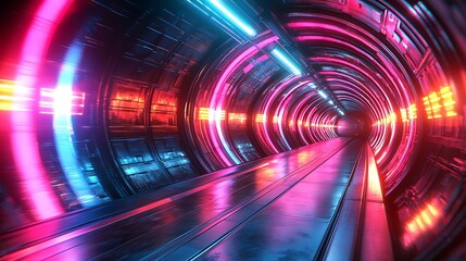 Futuristic neon tunnel, vibrant lights, reflective floor, abstract background, sci-fi concept