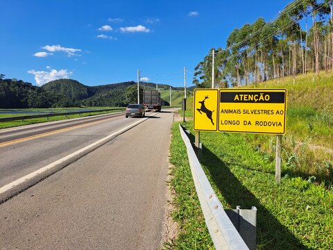 Uma placa de advert&ecirc;ncia de travessia de animais em uma rodovia paulista.