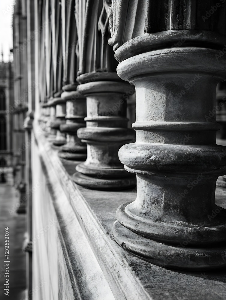 Poster close up of intricate gothic architectural columns of an old historic building in monochrome : gener